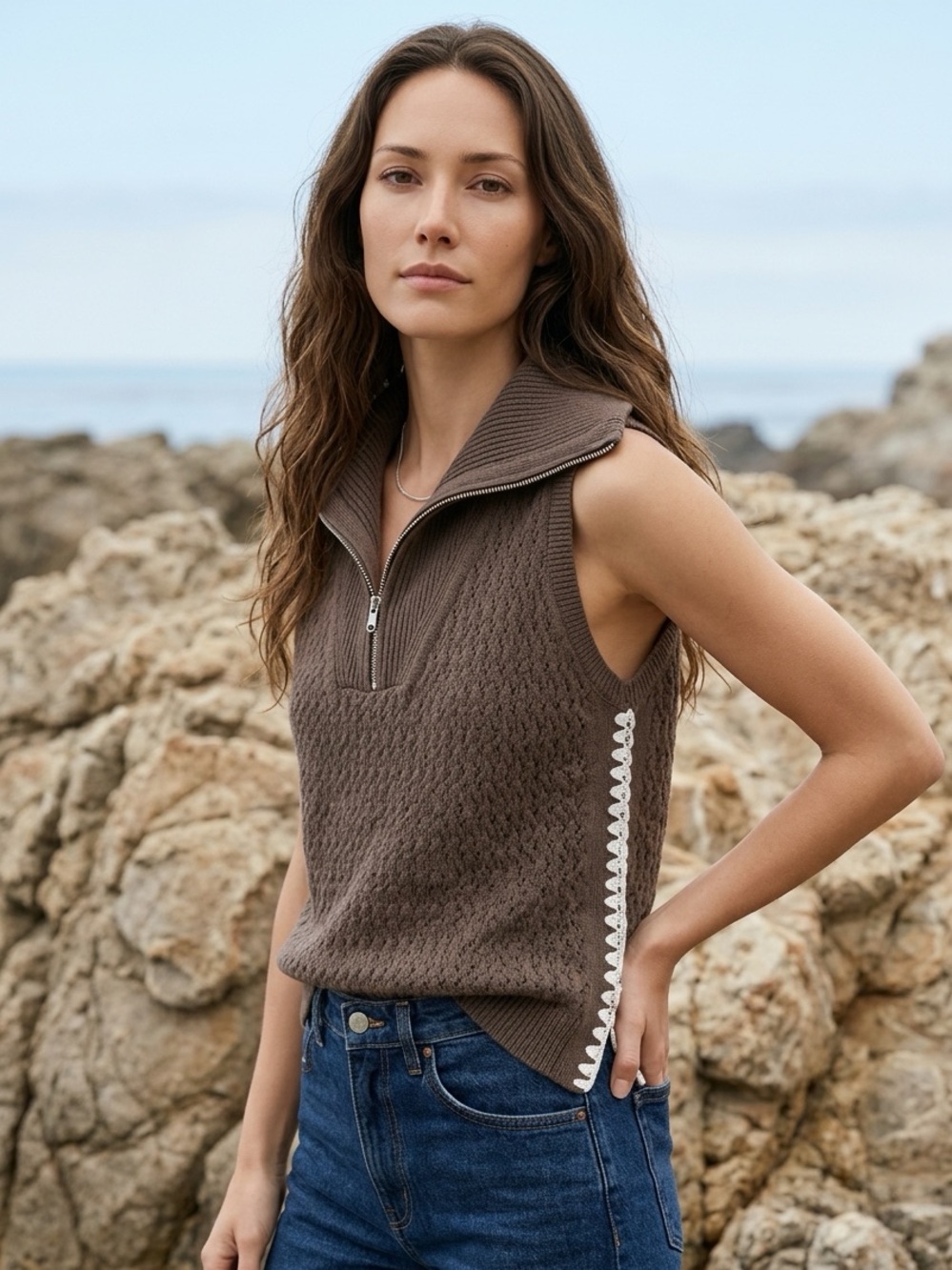 Lou & Grey Brown Sleeveless Zip-Collar Knit Vest with White Scallop Trim